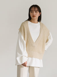 ワッフル編みVネックニットベスト【SALE】