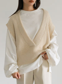 ワッフル編みVネックニットベスト【SALE】