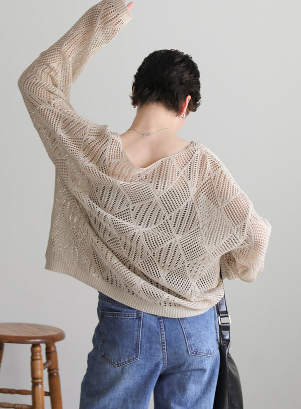 リネンタッチ透かし編みニット【SALE】